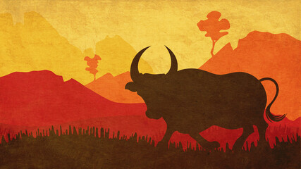 Sunset landscape and bull silhouette textured