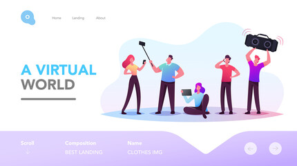 Characters with Gadgets Stand in Line Landing Page Template. People with Smartphone, Tape Recorder, Tablet and Phones