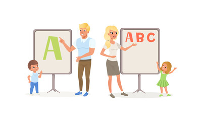 Man and Woman Teaching Kids Alphabet Letters Vector Illustration Set