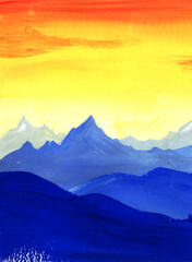 Surrealistic watercolor contrast landscape of bright blue mountain ranges against background of gradient fiery orange sky. Hand drawn brush stroke illustration of sunset in mountains