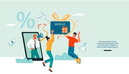 Business marketing website banner of customers loyalty program and e-commerce with buyers getting shopping gift certificate or voucher and businessman announcing sale, flat vector illustration.