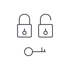 Closed and open lock. Key. Set of vector linear icons isolated on white background.