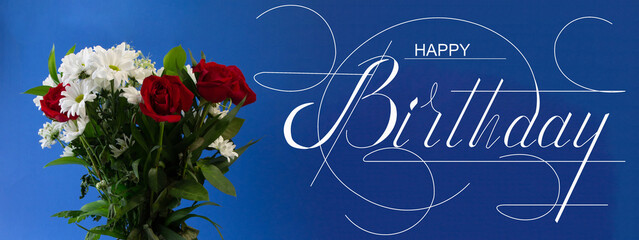 postcard , Internet banner , flat lay with a birthday greeting, with the inscription - happy...