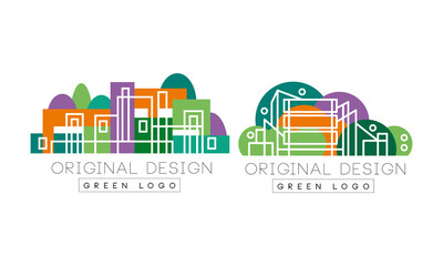 Linear City Building with Green Park Zone as Logo Design Vector Set