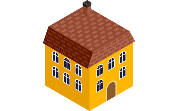 yellow house with brown roof isometric view