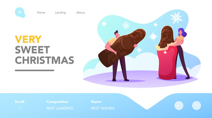 Christmas Sweet Dessert Landing Page Template. Tiny Characters Unwrapping and Eating Huge Chocolate Santa Xmas Treat
