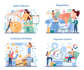 Debt collector concept set. Pursuing payment of debt owed