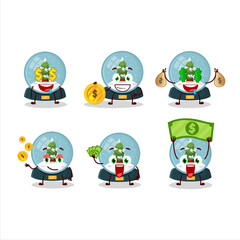 Snowball with tree cartoon character with cute emoticon bring money