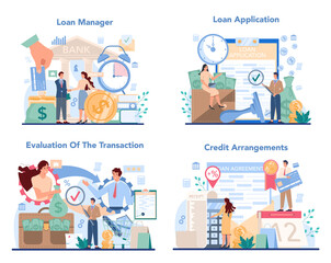 Loan manager concept set. Bank employee that work with individual