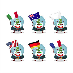 Snowball with tree cartoon character bring the flags of various countries