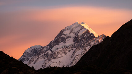 Mt Cook glowing at sunrise, New Zealand