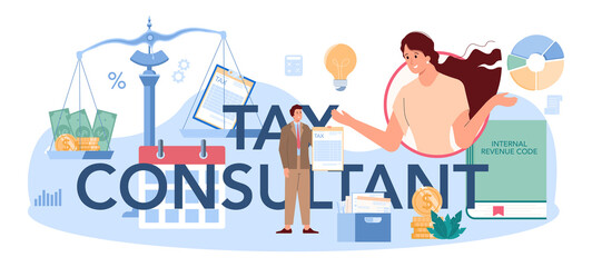 Tax consultant typographic header. Idea of accounting and payment