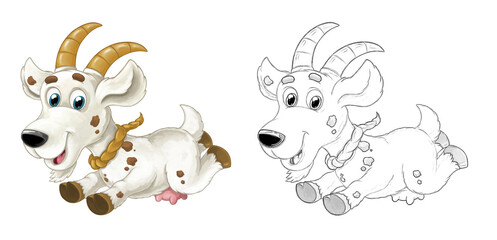 Cartoon sketch scene with horned goat standing and looking illustration