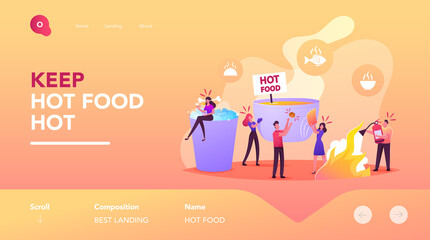 People Eating Concept Landing Page Template. Tiny Characters at Huge Bowl with Hot Food, Woman Sitting on Cup with Ice