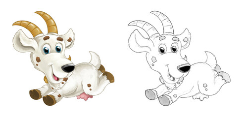 Cartoon sketch scene with horned goat standing and looking illustration