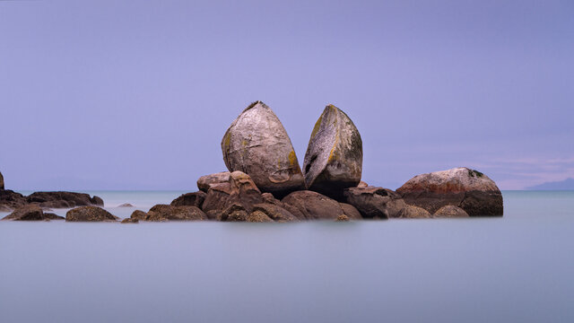 Long exposure image of Split Apple Rock in Tasman Bay off the northern coast of the South Island of New Zealand