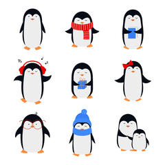 Obraz premium Set of cute cartoon penguins in flat style.