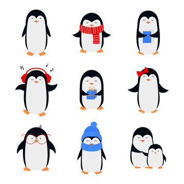 Set of cute cartoon penguins in flat style.