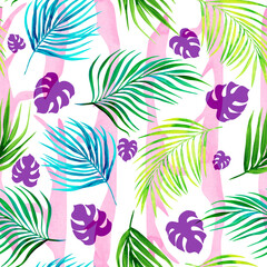 Fototapeta na wymiar watercolor tropical leaves of coconut tree and monstera seamless pattern on background with stripes