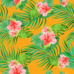 Tuinposter floral tropical seamless pattern with watercolor hibiscus flowers and leaves, summer print on orange background. © AineGing