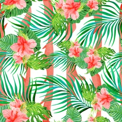 Tuinposter palm branches and hibiscus flowers seamless pattern on pink striped background, summer print with watercolor plants. © AineGing