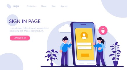 Sign in page interface concept. User login form, UI, new account registration. Protection information. Modern flat illustration.