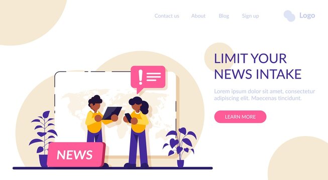 Limit your news intake concept. Social media connections. online news, News webpage, information about events, activities, company information and announcements. Modern flat illustration.