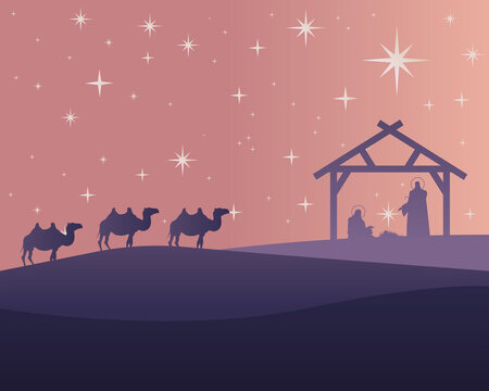 happy merry christmas card with holy family and camels in stable silhouette scene