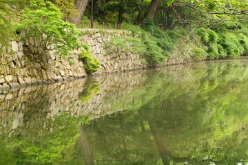Fototapeta na wymiar Reflection of Long Stone Wall under Water