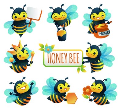 Cartoon characters of honey bee set of flat vector illustrations isolated.