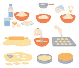 Baking and cutting dough and pastries set of flat vector illustration isolated.