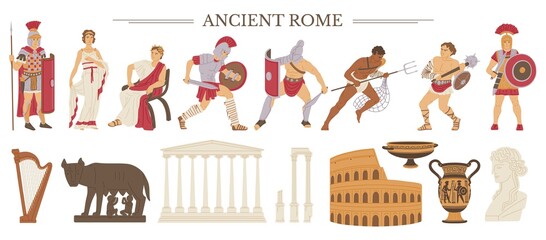 Set of symbols of ancient Rome history flat vector illustration isolated.