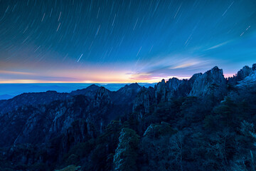 The starry sky of Huangshan Mountain in Anhui, China in winter