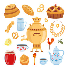 Tea theme set with Russian samovar and bagels flat vector illustration isolated.