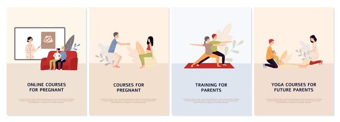 Fototapeta na wymiar Prenatal courses for pregnant set of web or app banners vector illustrations.