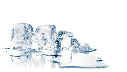 Melting natural crystal clear ice cubes on white reflective surface.