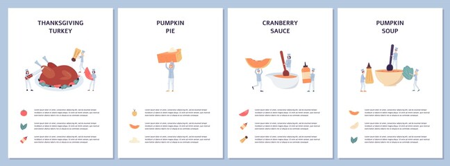 Set of banners with Thanksgiving or Halloween meals, flat vector illustration.