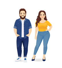 Young plus size people in casual clothes. Smiling couple man and woman isolated vector illustartion