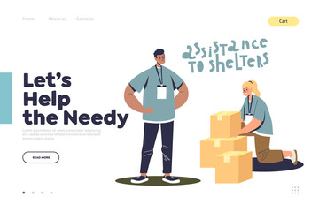 Help the needy landing page with volunteers packing boxes of social assistance for shelters