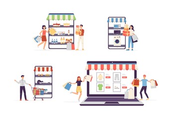Set of people shopping online via internet flat vector illustration isolated.