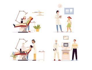 Set of scenes of with dentist and patients a vector isolated illustrations