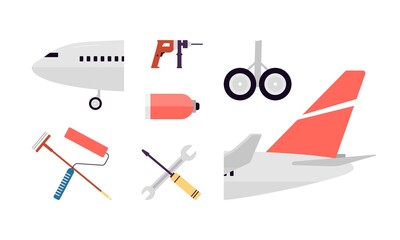 Vector set of airplane elements and tools for aircraft maintenance and repair