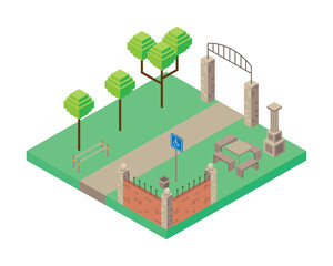 arch entrance and table park scene Isometric style icon