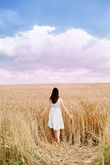 Young woman enjoying nature in wheat field. Woman walks barefoot in summer wheat field. Back view. Mental health, Closeness to Nature, Relaxation
