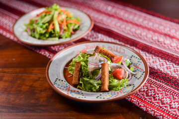 Two plates of green salad with juicy tomatoes, green lettuce, leek, spring and red onion, spices and fresh parsley.