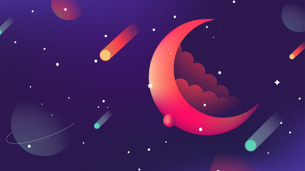 Obraz na płótnie Canvas Aesthetic space horizontal background. Abstract banner for social networks, web design. Fashionable illustration in minimalist style with planets, stars, gradient, radiance, comets, crescent.