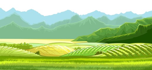 Rural hills. Scenery. Pasture grass for cows and a place for a vegetable garden. Landscape with meadows and farm fields. The mountains. Beautiful view. Summer. Vector © WebPAINTER-Std