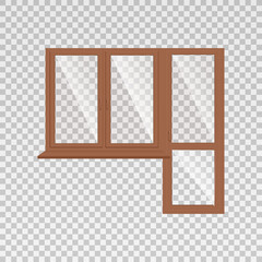 Vector realistic isolated illustration of glass window and door with brown frame