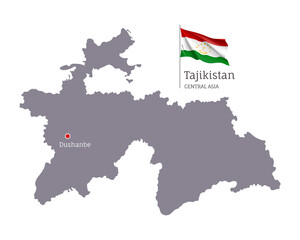 Silhouette of Tajikistan country map. Gray editable map of Tajikistan with waving national flag and Dushanbe city capital, Central Asia country territory borders vector illustration white background
