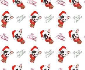 Christmas seamless vector pattern with cute french bulldog, wearing santa claus hat. Wallpaper New Year. The inscription Merry Christmas. Textile composition, hand drawn style. Isolated puppy print.